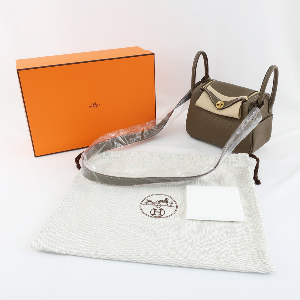 天白】【HERMES】エルメス リンディ ミニ エトゥープ ゴールド金具