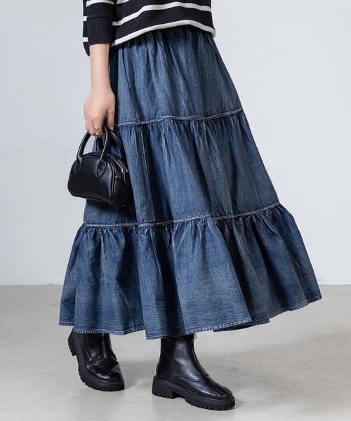 レディース デニム風ドラマティックロングティアードフリルスカート