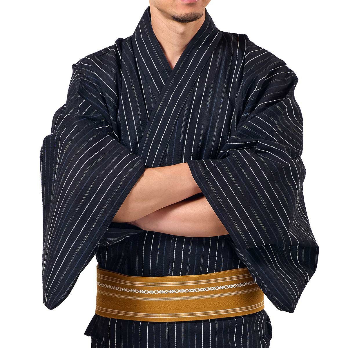 メンズ浴衣 単品 しじら 綿麻 古典柄 縞 黒 165cm～185cm前後対応 M