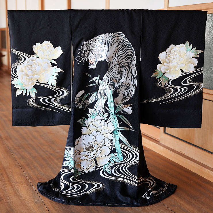 正絹 お宮参り 男の子 お初着 産着 虎 牡丹流水 黒 ブラック 寅 トラ