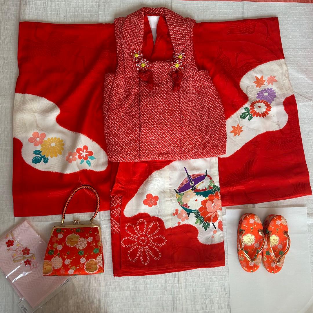 七五三 3歳 総絞り 被布 着物 絹 三歳 赤 草履 753 バッグ 花 レトロ 七五三 正絹 着物 3歳 女の子 被布 赤 桜 三ツ身着物 白 鞠 菊 被布